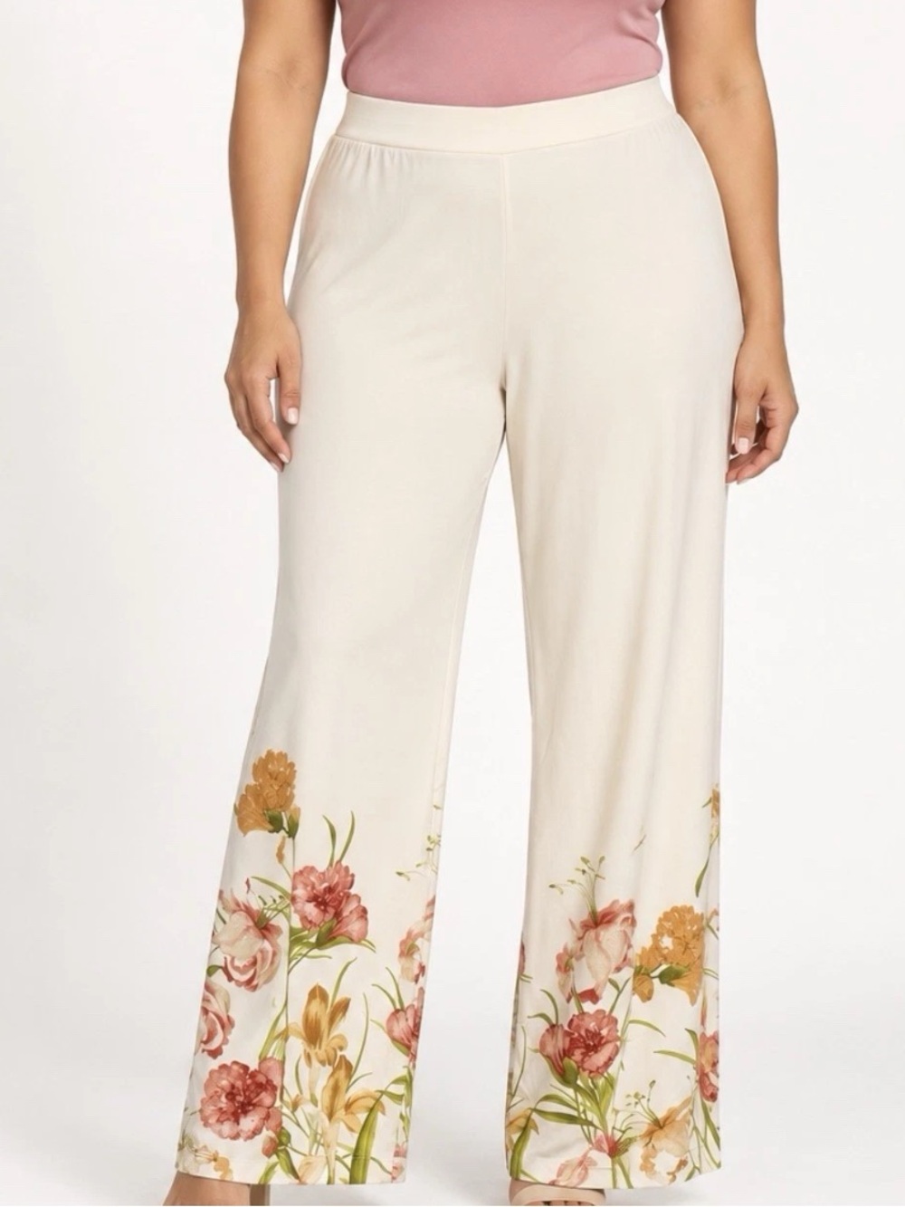 Susan Graver Liquid Knit Floral Wide Leg Pants Ecru Citrus L A684105